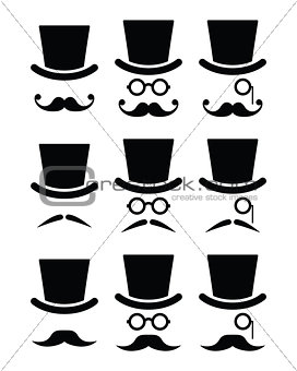 Mustache or moustache with hat and glasses icons set