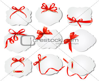 Set of beautiful cards with red gift bows with ribbons. Vector 