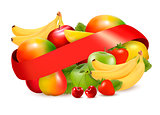 Group of summer and tropical fruit with ribbon. Vector 