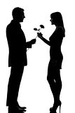 one couple man offering rose flower and woman smiling
