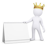 3d white man with a crown holding a desk calendar