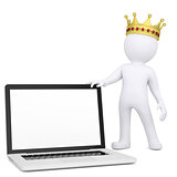 3d white man with a crown holding a laptop