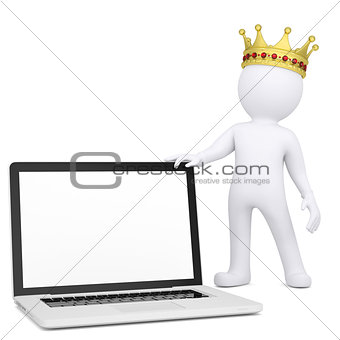 3d white man with a crown holding a laptop
