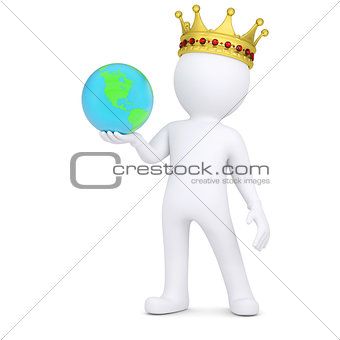 3d white man with a crown holding the Earth