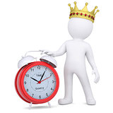 3d white man with crown holding a red alarm clock