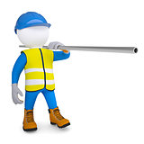 Worker in overalls carries a pipe