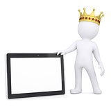 3d white man with a crown holding a tablet PC