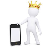 3d white man with a crown holding a smartphone