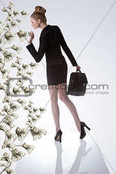 business woman taking a dollar from money plant
