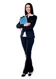 Isolated business woman holding documents
