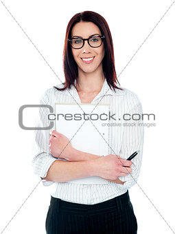 Corporate lady holding viral notepad and pen