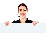 Attractive help-desk female holding blank placard