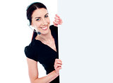 Business woman with headset and banner ad
