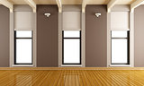 Brown empty room with three windows