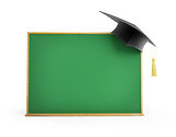 blackboard, chalkboard, graduation cap 3d Illustrations on a whi