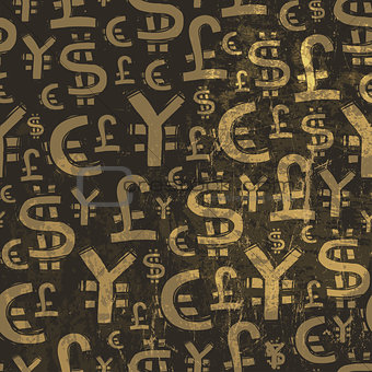 Seamless currency pattern on grunge texture. Vector
