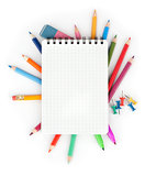 Color pencils and notepad. school concept
