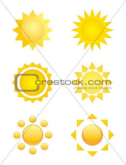 Vector sun illustrations set - yellow symbol, clip art or icon isolated on white background