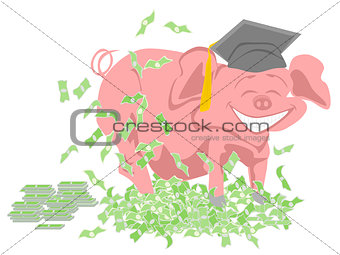 pig with graduation cap surrounded by money