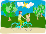 woman riding bike with groceries