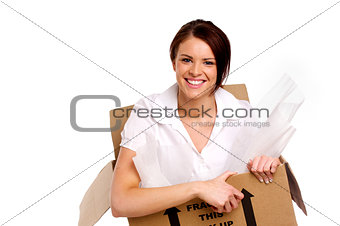 Business woman in a cardboard box