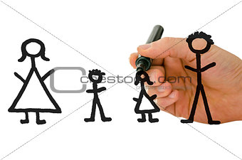 Male hand drawing family on virtual white board
