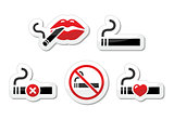 Sexy lips with cigarette, no smoking vector icons set