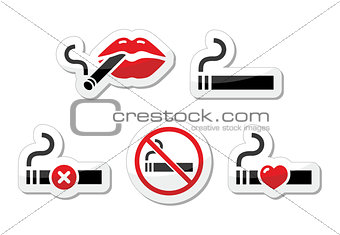 Sexy lips with cigarette, no smoking vector icons set