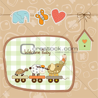 new baby announcement card with animal's train