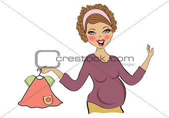 happy pregnant woman at shopping, isolated on white background