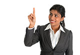 Indian businesswoman finger touching virtual transparent screen 
