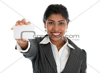 Indian businesswoman shows a blank business card 