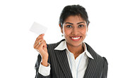 Indian businesswoman shows a blank name card 