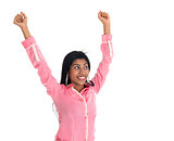 Excited Indian business woman arms up cheering