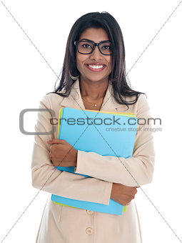 Indian business woman holding office file folder. 