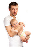 Caucasian father with baby son against white