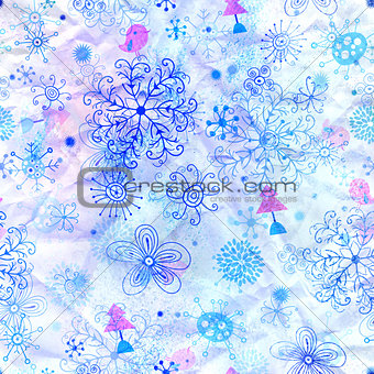winter background with snowflakes and birds