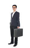 full body of chinese asian young business man with suitcase isol