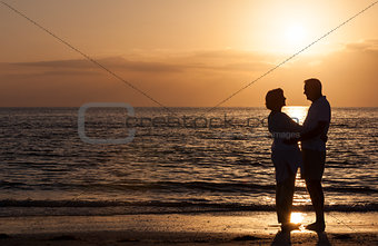 Happy Senior Couple Embracing on Sunset Beach