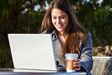 Young Woman Girl Using Laptop Drinking Coffee