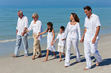 Grandparents, Mother, Father Children Family Walking Beach