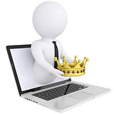 3d man out of the computer holds a golden crown