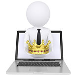 3d man out of the computer holds a golden crown