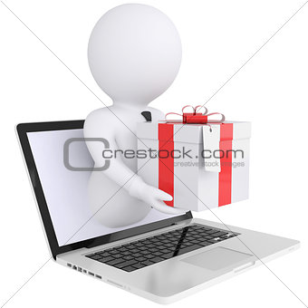 3d man out of the computer holding a gift box