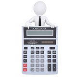 3d white man points a finger at a calculator