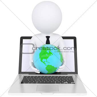 3d white man from the computer holding the Earth