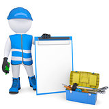 3d white man in overalls with checklists and tools