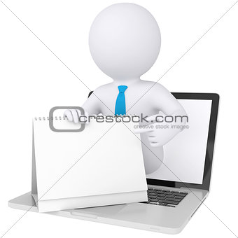 3d white man from the computer holding a calendar