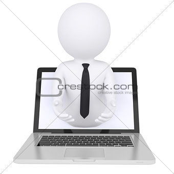 3d white man from the computer with empty hands