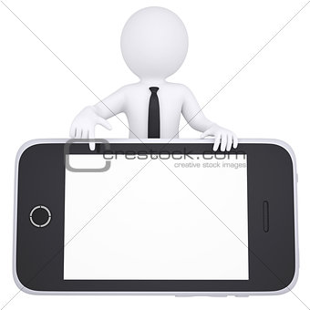 3d white man points a finger to smartphone